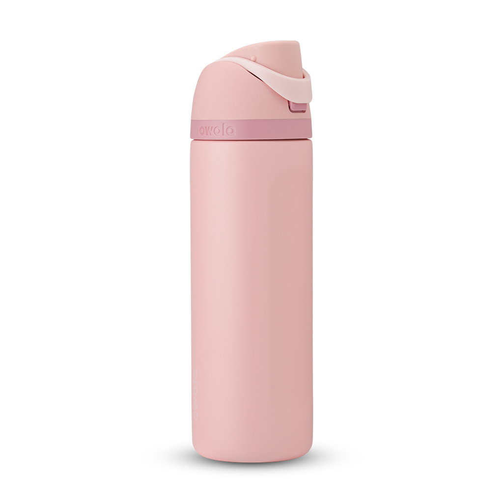 FreeSip 24oz in Rose Quartz, soft pink body with matching pink flip cap, light pink carry loop, and dusty mauve accent band